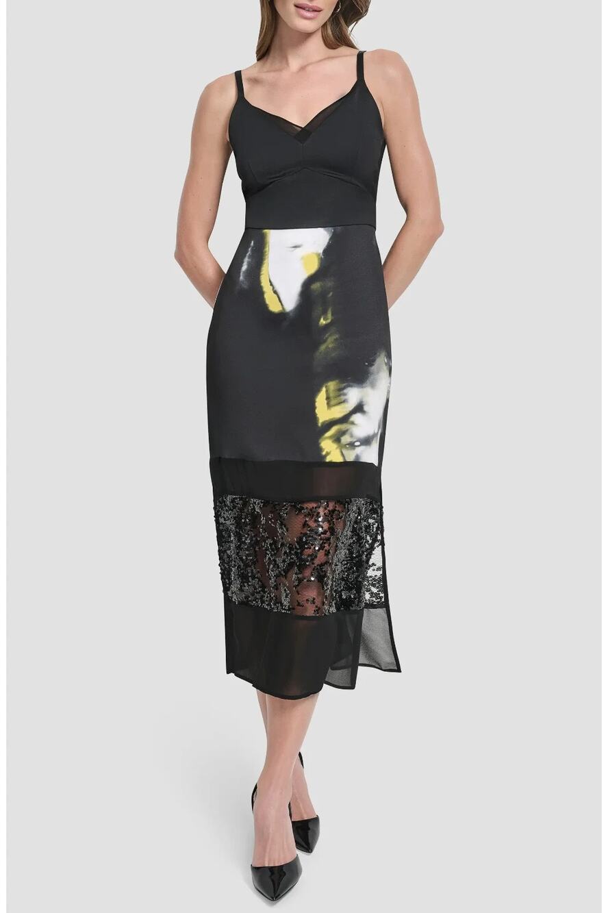 Dkny Midi Dress Womens 2 Black Paneled Mesh Sequin Side Slits Cocktail Party NWT